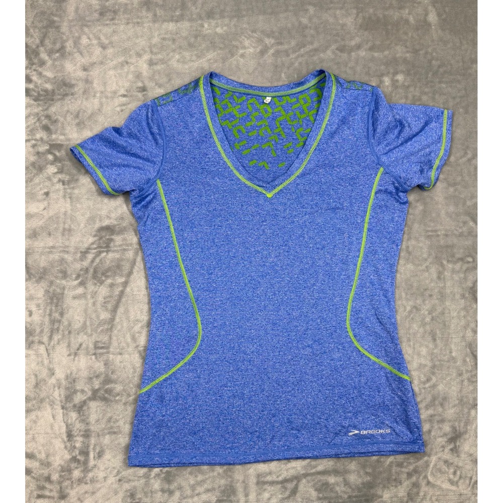 Brooks Women Blue Heather Lime Green V-Neck Running Shirt XS